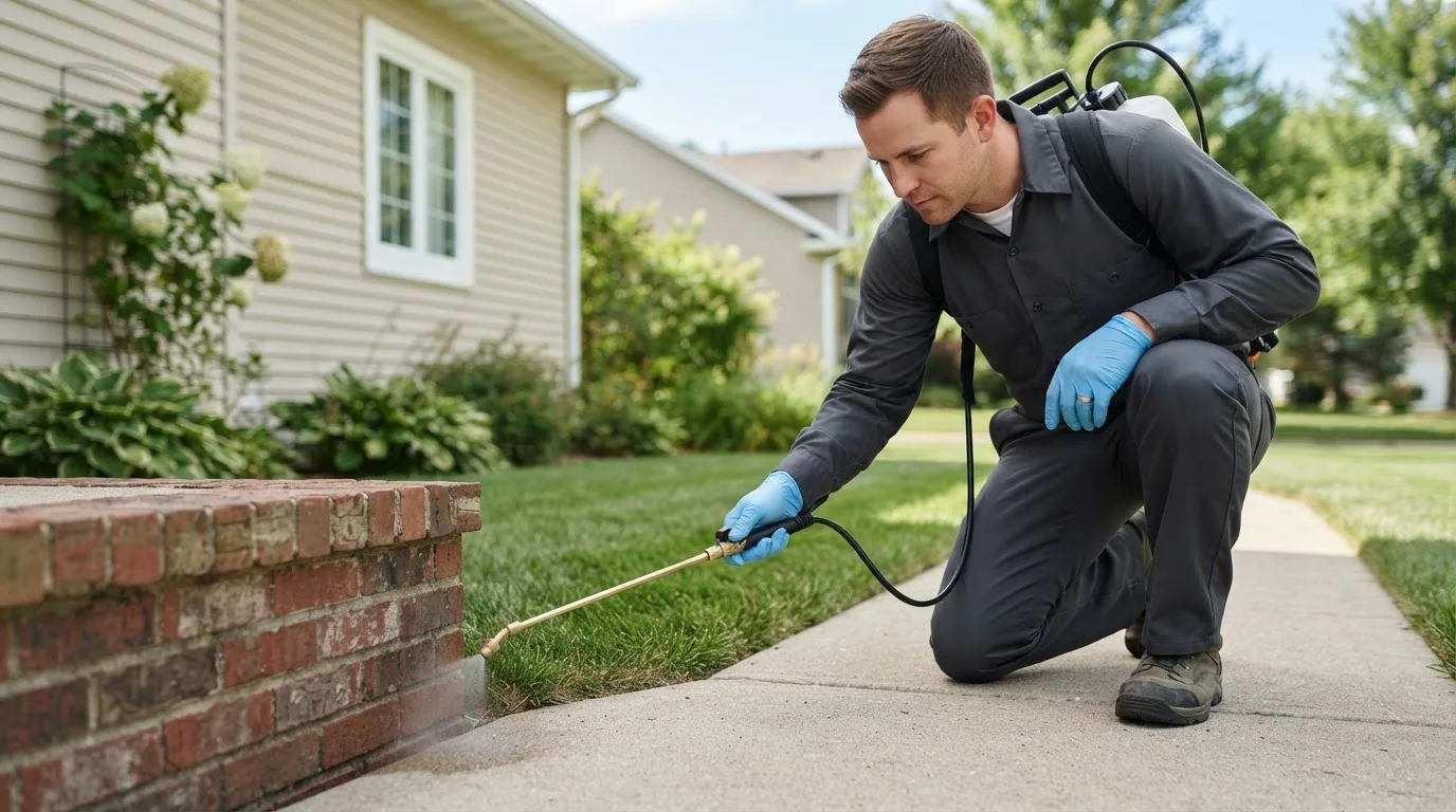 Pest control technician treating a home near Auburn, WV